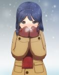  1girl black_hair blush breath brown_eyes coat commentary_request covered_mouth gradient gradient_background hands_over_mouth kantai_collection mimofu_(fullhighkick) mittens red_scarf scarf snowing solo upper_body ushio_(kancolle) winter_clothes winter_coat 