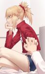  1girl bandeau blonde_hair braid check_commentary commentary_request crossed_legs crown_braid cutoffs denim denim_shorts fate/apocrypha fate/grand_order fate_(series) from_side green_eyes head_rest highres holding_hands interlocked_fingers jacket legs midriff mordred_(fate) mordred_(fate/apocrypha) pov pov_hands red_jacket red_scrunchie scrunchie short_ponytail shorts solo_focus tesin_(7aehyun) thighs 