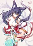  1girl absurdly_long_hair ahri_(league_of_legends) animal_ears artist_name bare_shoulders black_hair braid breasts cleavage dated fox_ears korean_clothes large_breasts league_of_legends leg_up long_hair multiple_tails s-yin sketch solo tail very_long_hair wide_sleeves yellow_eyes 