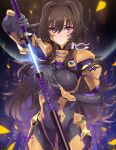  1girl absurdres black_bodysuit bodysuit breasts brown_hair commission covered_navel fortified_suit hair_intakes highres holding holding_sword holding_weapon impossible_bodysuit impossible_clothes katana large_breasts long_hair looking_at_viewer muvluv muvluv_alternative muvluv_total_eclipse pilot_suit purple_eyes scabbard sheath shiny shiny_clothes shiny_hair skin_tight solo standing sword tajima_ryuushi takamura_yui unsheathing weapon 