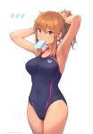  1girl adjusting_hair armpits blue_swimsuit breasts brown_eyes brown_hair competition_swimsuit covered_navel eyebrows_visible_through_hair food hair_between_eyes highres looking_at_viewer medium_breasts mouth_hold nakaaki_masashi one-piece_swimsuit original ponytail popsicle short_hair simple_background solo swimsuit thighs twitter_username white_background 
