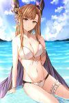  1girl bangs bare_arms bare_shoulders bikini blush breasts brown_eyes brown_hair cleavage collarbone day eyebrows_visible_through_hair granblue_fantasy hair_ornament highres in_water kanpyou_(hghgkenfany) large_breasts long_hair looking_at_viewer navel outdoors parted_lips sitting sky solo swimsuit thigh_strap tweyen_(granblue_fantasy) water wet white_bikini 