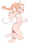  1girl abigail_williams_(fate) absurdres animal_ears bandages bangs barefoot blonde_hair blue_eyes blush breasts cat_ears cat_tail check_commentary commentary commentary_request fate/grand_order fate_(series) forehead highres jilu long_hair looking_at_viewer naked_bandage open_mouth parted_bangs sidelocks simple_background small_breasts smile solo tail twintails white_background 