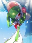  1girl adjusting_clothes adjusting_headwear bangs blue_sky blush bob_cut bonnet capelet clothed_pokemon colored_skin commentary dappled_sunlight day eyebrows_visible_through_hair flat_chest flower gardevoir green_hair green_skin hair_over_one_eye hand_up happy hat hat_flower heart heart_in_eye jaggy_line light_rays lotosu multicolored_skin open_mouth outdoors petals pink_flower pink_trim pokemon pokemon_(creature) pokemon_(game) pokemon_unite red_eyes shiny shiny_hair short_hair sky smile solo standing sunlight symbol_in_eye tree two-tone_skin white_capelet white_headwear white_skin 