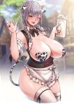  1girl ;d ahoge animal_ears animal_print apron areola_slip areolae arm_garter beer_mug black_bow black_bowtie blue_sky blurry blurry_background bow bowtie braid breasts building cloud cloudy_sky commentary corset covered_nipples cow_ears cow_horns cow_print cow_tail cowboy_shot cropped_legs cup day detached_collar eyelashes fake_animal_ears fake_horns fake_tail green_eyes half_updo heart_pasties highres holding holding_cup hololive horns large_breasts lips looking_at_viewer maid_apron medium_hair mug nipple_piercing no_shirt official_alternate_costume one_eye_closed open_mouth outdoors pasties piercing piercing_over_clothes print_pasties ribbon shirogane_noel silver_hair sky smile solo sparkle standing symbol-only_commentary tail tail_ornament tail_ribbon thighhighs thighs tinnies tree twin_braids twintails twitter_username underbust v virtual_youtuber white_apron white_legwear wing_collar 