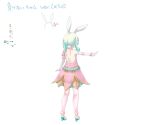  1girl absurdres animal_ears backless_dress backless_outfit commentary_request concept_art dress fake_animal_ears from_behind full_body green_hair high_heels highres kneepits legs long_hair makenai-chan original outstretched_arm pink_dress rabbit_ears sharekoube shoes simple_background solo thighs white_background white_footwear wrist_cuffs 