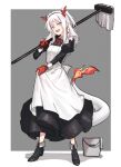  1girl alternate_costume apron arknights arm_tattoo black_dress braid bucket chinese_commentary colored_skin commentary dragon_girl dragon_horns dragon_tail dress ear_piercing enmaided eyebrows_visible_through_hair fang full_body grey_background highres holding holding_mop horns lifted_by_self long_hair long_sleeves looking_at_viewer mabing maid maid_headdress mop multicolored_hair nian_(arknights) outside_border over_shoulder piercing pink_eyes red_hair red_skin simple_background single_braid skin_fang solo standing streaked_hair tail tail-tip_fire tattoo white_apron white_background white_hair white_headdress 
