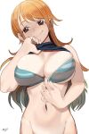 1girl bikini bikini_pull bikini_top black_sweater breasts brown_eyes cleavage cleavage_reach clothes_lift clothes_pull green_bikini highres large_breasts long_hair looking_at_viewer nami_(one_piece) navel one_piece orange_hair pulled_by_self ribbed_sweater sho-n-d sleeveless sleeveless_turtleneck smile solo striped striped_bikini sweater sweater_lift swimsuit turtleneck upper_body white_background 
