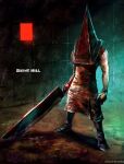  1boy apron bare_arms bare_shoulders black_footwear copyright_name facing_viewer hanekoto helm helmet holding huge_weapon male_focus muscular muscular_male pyramid_head realistic silent_hill silent_hill_2 solo spot_color sword tile_wall tiles twitter_username weapon 