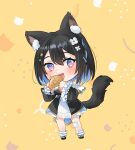  1girl :d absurdres animal_ear_fluff animal_ears ankle_garter badge bandaid bandaid_on_knee bangs black_dress black_hair blue_hair blush braid button_badge cat_ears cat_tail chibi colored_inner_hair dress eating flower food frilled_sleeves frills hair_between_eyes hair_flower hair_ornament hairpin highres holding holding_food hoshina_suzu long_sleeves mary_janes multicolored_clothes multicolored_dress multicolored_hair open_mouth purple_eyes shino_laila_(artist) shoes side_braid smile tail taiyaki virtual_youtuber wactor_production wagashi white_dress white_flower 