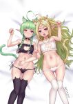  2girls :o ahoge animal_ear_legwear animal_ears ass_visible_through_thighs bangs bell blunt_bangs blush bra braid breasts cat_cutout cat_ear_legwear cat_ear_panties cat_ears cat_lingerie choker cleavage_cutout closed_mouth clothing_cutout eyebrows_visible_through_hair feet_out_of_frame fire_emblem fire_emblem_awakening frilled_bra frills green_hair highres jingle_bell long_hair looking_at_viewer lowleg lowleg_panties lying meme_attire mother_and_daughter multiple_girls nah_(fire_emblem) navel neck_bell nowi_(fire_emblem) nzz on_back open_mouth panties paw_print pointy_ears purple_eyes side-tie_panties small_breasts smile tail thighhighs twin_braids underwear 