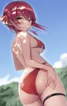  1girl ass bikini blue_sky blush breasts cloud day from_below halterneck heterochromia highres hololive houshou_marine looking_at_viewer nyaa28 outdoors red_bikini red_eyes red_hair short_hair sky smile solo swimsuit thigh_strap underboob virtual_youtuber yellow_eyes 