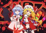  2girls ascot bat_wings berabou blonde_hair bow crystal dress flandre_scarlet frills hat hat_ribbon highres laevatein_(touhou) light_purple_hair medium_hair mob_cap multiple_girls one_side_up panty_&amp;_stocking_with_garterbelt parody pink_dress puffy_short_sleeves puffy_sleeves red_bow red_eyes red_ribbon red_skirt red_vest remilia_scarlet ribbon shirt short_hair short_sleeves skirt spear_the_gungnir style_parody touhou vest white_shirt wings yellow_ascot 
