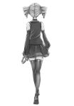  1girl belt commentary detached_sleeves drill_hair from_behind full_body greyscale highres kasane_kein kasane_teto miniskirt monochrome pleated_skirt shirt short_hair simple_background skirt sleeveless sleeveless_shirt solo standing thighhighs twin_drills utau white_background zettai_ryouiki 