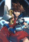  1boy armor blue_eyes brown_eyes brown_hair fingerless_gloves gloves highres jewelry keyblade kingdom_hearts kingdom_hearts_i kingdom_key looking_at_viewer male_focus necklace shiyuu_(shiyu) short_hair smile solo sora_(kingdom_hearts) spiked_hair super_smash_bros. super_smash_bros._logo 