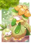  blurry blush border closed_eyes commentary evolutionary_line hand_up happy kafe_(0415meimei) lilligant no_humans outside_border petilil pokemon pokemon_(creature) white_border 