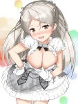  1girl bangs blush breasts brown_eyes cleavage conte_di_cavour_(kancolle) dress eyebrows_visible_through_hair frilled_dress frills gloves grey_hair hand_on_hip highres igarasy kantai_collection large_breasts long_hair looking_at_viewer nose_blush open_mouth short_sleeves simple_background solo twitter_username white_gloves 