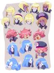  3girls ahoge angry blonde_hair blue_hair blush covered_mouth expressions flamberge_(kirby) francisca_(kirby) highres kirby:_star_allies kirby_(series) kumoketu multiple_girls multiple_views red_hair sleeping surprised sweatdrop tears wince zan_partizanne zzz 