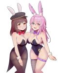  2girls :o animal_ear_fluff animal_ears asymmetrical_docking backless_leotard backless_outfit bangs bare_arms bare_shoulders black_leotard blue_eyes borrowed_character bow bowtie breast_press breasts brown_eyes brown_hair character_request cleavage commission copyright_request covered_navel detached_collar ear_piercing eyebrows_visible_through_hair feet_out_of_frame fishnet_legwear fishnets hair_between_eyes hat heart heart-shaped_pupils heterochromia highleg highleg_leotard highres knees large_breasts leotard long_hair looking_at_viewer multiple_girls nekonyan_(nekoworld) open_mouth pantyhose piercing pink_hair playboy_bunny purple_bow purple_bowtie rabbit_ears red_neckwear round_teeth simple_background single_thighhigh skindentation symbol-shaped_pupils teeth thighband_pantyhose thighhighs white_background wide_hips wrist_cuffs yellow_eyes 