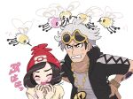  1boy 1girl :d alternate_color anger_vein aoaomzir arm_tattoo bangs beanie black_eyes black_hair black_jacket blush brown_hair clenched_teeth closed_eyes cutiefly eyelashes eyeshadow eyewear_on_head floral_print grey_hair grey_shirt guzma_(pokemon) hand_on_hip hands_up hat highres hood hooded_jacket jacket leaning_forward makeup motion_lines multicolored_hair open_mouth pokemon pokemon_(creature) pokemon_(game) pokemon_sm purple_eyeshadow red_headwear selene_(pokemon) shiny_pokemon shirt short_sleeves smile sunglasses symbol-only_commentary tattoo team_skull teeth two-tone_hair undercut upper_body upper_teeth white_background yellow-framed_eyewear yellow_shirt 