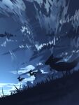  aru_(citrine_drplt) cloud commentary_request dark dragapult dreepy from_below grass highres night no_humans outdoors pokemon pokemon_(creature) silhouette sky 