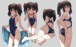  1girl ass barefoot black_hair blue_swimsuit commentary competition_swimsuit from_behind grey_background hair_between_eyes highleg highleg_swimsuit highres kurokawa_makoto looking_at_viewer looking_back love_live! love_live!_school_idol_project multiple_views one-piece_swimsuit red_eyes short_hair simple_background soles swimsuit toes twintails v wet wet_hair yazawa_nico 