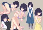  1girl all_fours aoi_kumiko ass barefoot bikini black_dress black_hair black_legwear blue_dress blue_swimsuit blush bob_cut breasts brown_eyes brown_footwear dress feet full_body grey_background hand_on_own_chest highres knees_up looking_back lying multiple_views on_back one-piece_swimsuit original own_hands_together panties pantyhose pinafore_dress pink_bikini school_swimsuit shirt shoes short_hair side-tie_bikini simple_background sitting small_breasts smile soles sundress swimsuit toes underwear white_panties white_shirt yellow_dress 