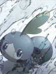  aru_(citrine_drplt) blue_eyes bright_pupils closed_mouth commentary_request frown highres looking_at_viewer looking_up no_humans pokemon pokemon_(creature) sobble solo water water_drop white_pupils 