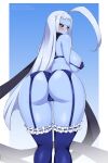  1girl ahoge ass black_scarf black_sclera blue_background blue_legwear blue_panties blue_skin blush breasts colored_sclera colored_skin from_behind garter_straps huge_ahoge lace-trimmed_legwear lace_trim lala_(monster_musume) large_breasts lindaroze long_hair looking_at_viewer looking_back monster_musume_no_iru_nichijou panties patreon_username scarf solo thighhighs twitter_username two-tone_background underwear very_long_hair white_background white_hair yellow_eyes 