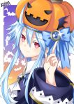  1girl absurdres bat_background blanc_(neptune_series) blue_hair finger_gun from_side hair_between_eyes halloween halloween_costume hand_up highres lewdkuma long_sleeves looking_at_viewer looking_back looking_to_the_side neptune_(series) official_alternate_costume power_symbol pumpkin_hat red_eyes short_hair_with_long_locks smile solo symbol-shaped_pupils upper_body white_heart wide_sleeves 