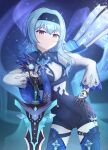  1girl absurdres bangs belt bent_over black_gloves black_legwear black_leotard blue_hair cape commentary_request eula_(genshin_impact) eyebrows_visible_through_hair genshin_impact gloves hair_between_eyes hairband hand_on_hilt hand_on_hip highres leotard lilyclipse long_hair looking_at_viewer necktie orange_eyes planted planted_sword sidelocks solo sword weapon 