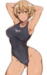  1girl armpits arms_up black_swimsuit blonde_hair brave_witches breasts brown_eyes cameltoe closed_mouth commentary_request competition_swimsuit contrapposto covered_nipples cowboy_shot em_(totsuzen_no_hakike) hair_between_eyes medium_breasts one-piece_swimsuit short_hair simple_background smile solo split_mouth standing swimsuit waltrud_krupinski wet wet_hair white_background world_witches_series 