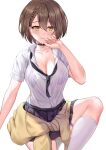  1girl absurdres azur_lane baltimore_(after-school_ace)_(azur_lane) baltimore_(azur_lane) bangs beige_cardigan bikini black_choker black_necktie black_skirt blush braid breasts brown_hair cardigan cardigan_around_waist chinese_commentary choker cleavage closed_mouth clothes_around_waist collarbone collared_shirt commentary_request cowboy_shot eyebrows_visible_through_hair french_braid hair_between_eyes hand_up highres kneehighs large_breasts looking_at_viewer loose_necktie mixed-language_commentary necktie official_alternate_costume partially_unbuttoned pleated_skirt purple_bikini school_uniform see-through shenqi_(toid310) shirt short_hair short_sleeves sidelocks simple_background sitting skirt smile socks solo sweat swimsuit thigh_strap wet wet_clothes white_background white_legwear white_shirt yellow_eyes 