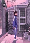  1girl alley brick_wall bright_pupils door expressionless full_body house ji_yeong long_sleeves looking_at_viewer looking_to_the_side myon_(tokipi) plant pot radio_antenna shadow short_hair solo sportswear squid_game sweatshirt tsurime unzipped wall white_pupils 