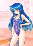  1girl blue_hair breasts clothes_writing commentary_request competition_swimsuit contrapposto covered_navel cowboy_shot hand_on_hip highleg highleg_swimsuit hinanawi_tenshi holding holding_weapon long_hair looking_at_viewer mail_(mail_gell) one-piece_swimsuit purple_swimsuit red_eyes small_breasts solo standing swimsuit sword sword_of_hisou touhou weapon 