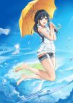  1girl :d amano_hina_(tenki_no_ko) arms_up bare_shoulders barefoot blue_eyes blue_sky boots cloud eyebrows_visible_through_hair feet hair_between_eyes highres holding holding_umbrella jumping knees_together_feet_apart micro_shorts open_mouth pocket shoes shoes_removed shorts sky smile solo teeth tenki_no_ko tied_hair toes twintails umbrella upper_teeth vest vvy water water_drop white_vest yellow_umbrella zipper 
