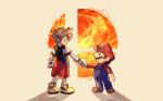  2boys asada_sadao blue_eyes brown_hair chibi facial_hair handshake hat highres jewelry kingdom_hearts kingdom_hearts_i male_focus mario mario_(series) multiple_boys mustache overalls simple_background smile sora_(kingdom_hearts) spiked_hair super_smash_bros. 