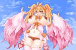  1girl alternate_hair_color alternate_hairstyle blonde_hair blush breasts cameltoe cloud commentary_request drooling eyebrows_visible_through_hair feathered_wings feathers heart highres jubjub_(monster_girl_encyclopedia) large_breasts midriff monster_girl_encyclopedia multicolored_hair navel open_mouth panties pasties pink_feathers pink_legwear pink_wings red_eyes red_panties sky solo sora_(sunday_sky) streaked_hair sweat thighhighs twintails underwear winged_arms wings 