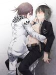  2boys against_wall ahoge bangs belt between_legs black_hair black_pants blush brown_belt brown_hair checkered checkered_scarf collared_shirt danganronpa_(series) danganronpa_v3:_killing_harmony feet_out_of_frame grey_background grey_jacket grey_pants hand_on_another&#039;s_chin highres jacket looking_at_another male_focus multiple_boys navel nipples open_clothes open_jacket open_shirt ouma_kokichi pants saihara_shuuichi scarf shirt smile standing striped striped_jacket striped_pants sumika_(rrz03) teeth thumb_to_mouth white_background yaoi 