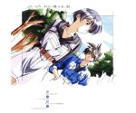  1990s_(style) 1boy 1girl absurdres arms_behind_back bangs belt black_hair day dousoukai dutch_angle green_eyes hand_in_pocket highres hood hood_down hoodie kai_tomohisa official_art outdoors retro_artstyle scan short_hair shorts smile suspender_shorts suspenders wakabayashi_ayu 