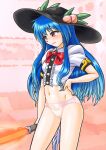  1girl black_headwear blue_hair commentary_request covered_navel cowboy_shot food fruit hand_on_hip hat hinanawi_tenshi holding holding_weapon keystone long_hair looking_away mail_(mail_gell) no_pants panties peach puffy_short_sleeves puffy_sleeves rainbow_order red_eyes shirt shoes short_sleeves skirt solo standing sword sword_of_hisou touhou underwear weapon white_panties white_shirt 