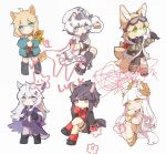 6+girls ahoge animal_ear_fluff animal_ears arknights armband bikini bird bird_on_hand black_footwear black_hair black_legwear black_neckwear black_scarf black_shirt black_shorts blonde_hair blue_eyes blush boots cake cake_slice chibi chinese_commentary cliffheart_(arknights) collared_shirt commentary_request crossed_legs dog_ears dog_girl dog_tail dress_shirt eyebrows_visible_through_hair flower food fox_ears fox_girl fox_tail full_body fur-trimmed_boots fur_trim green_eyes green_jacket hair_ornament hairclip hat highres holding holding_flower horse_ears horse_girl horse_tail jacket kitsune kyuubi lappland_(arknights) lappland_(refined_horrormare)_(arknights) laurel_crown leopard_ears leopard_girl leopard_tail looking_at_animal looking_at_viewer multicolored_hair multiple_girls multiple_tails necktie official_alternate_costume open_clothes open_jacket platinum_(arknights) platinum_(shimmering_dew)_(arknights) podenco_(arknights) ponytail purple_jacket red_eyes red_hair red_legwear sandals scarf shirt shoes shorts simple_background single_thighhigh sitting sleeveless sleeveless_jacket socks squiggle standing straight-on streaked_hair striped striped_necktie sunflower suzuran_(arknights) suzuran_(lostlands_flowering)_(arknights) swimsuit tail texas_(arknights) texas_(willpower)_(arknights) thighhighs thought_bubble torn_clothes torn_jacket torn_legwear white_background white_bikini white_hair white_headwear white_jacket wolf_ears wolf_girl wolf_tail yellow_eyes yellow_flower yellow_footwear yellow_wristband zhizhangsiyin 