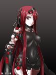  1girl android arm_cannon blame! breasts hair_over_one_eye halulu joints long_hair looking_at_viewer maeve_(blame!) medium_breasts navel red_eyes red_hair robot_joints simple_background solo standing weapon 