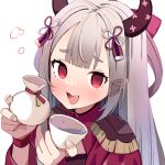  1girl :d @_@ absurdres bangs blush cape commentary_request cup drunk ears_visible_through_hair epaulettes eyebrows_visible_through_hair grey_hair hands_up highres holding holding_cup horns long_hair looking_at_viewer naraka_(nijisanji) nijisanji open_mouth pointy_ears red_cape red_eyes short_eyebrows simple_background smile solo teeth thick_eyebrows upper_body upper_teeth uyuyu_(uyu) very_long_hair virtual_youtuber white_background x-ray 
