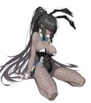  1girl animal_ears bangs bare_shoulders black_leotard blue_archive bow bowtie breasts cleavage closed_mouth dark-skinned_female dark_skin deatheach detached_collar fake_animal_ears fishnet_legwear fishnets full_body hair_strand highres karin_(blue_archive) leotard long_hair looking_at_viewer medium_breasts playboy_bunny ponytail rabbit_ears seiza sidelocks sitting sleeveless solo thighs white_background 
