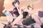  1boy 1girl black_hair blonde_hair blue_eyes blurry blurry_background food gogo_(detteiu_de) hand_on_own_face kingdom_hearts kingdom_hearts_358/2_days knees_apart_feet_together looking_at_viewer popsicle roxas short_hair short_shorts shorts sitting skateboard sleeveless smile tank_top xion_(kingdom_hearts) 