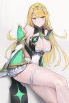  1girl absurdres bangs bare_legs bare_shoulders blonde_hair breasts chest_jewel cleavage cleavage_cutout clothing_cutout dress earrings elbow_gloves gloves highres jewelry large_breasts long_hair matsukan_(dug_pile) mythra_(xenoblade) short_dress solo swept_bangs thigh_strap tiara very_long_hair white_dress white_gloves xenoblade_chronicles_(series) xenoblade_chronicles_2 yellow_eyes 