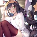  1girl :o absurdres animal_ear_fluff animal_ears black_hair blush bow brown_legwear cat_ears cat_tail commentary_request green_eyes hair_bow highres karyl_(princess_connect!) long_hair looking_at_viewer low_twintails mask mask_on_head multicolored_hair pajamas princess_connect! purple_bow sleep_mask solo streaked_hair tail takase_kou thighhighs twintails v-shaped_eyebrows very_long_hair white_pajamas 
