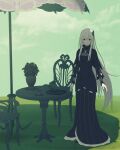  1girl bangs black_dress black_footwear butterfly_hair_ornament chair closed_mouth cloud commentary_request cup day dress echidna_(re:zero) grass hair_ornament highres iwamushi long_dress long_hair long_sleeves looking_at_viewer outdoors re:zero_kara_hajimeru_isekai_seikatsu saucer shadow shoes sidelocks sky smile solo standing table tray umbrella 