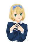 1girl 2019 22/7 bangs blonde_hair blue_bow blue_jacket bow braid dated hair_ornament hair_ribbon highres jacket looking_at_viewer open_mouth pizza_man ribbon saitou_nicole school_uniform shirt short_hair simple_background skirt smile solo upper_body white_background white_shirt 